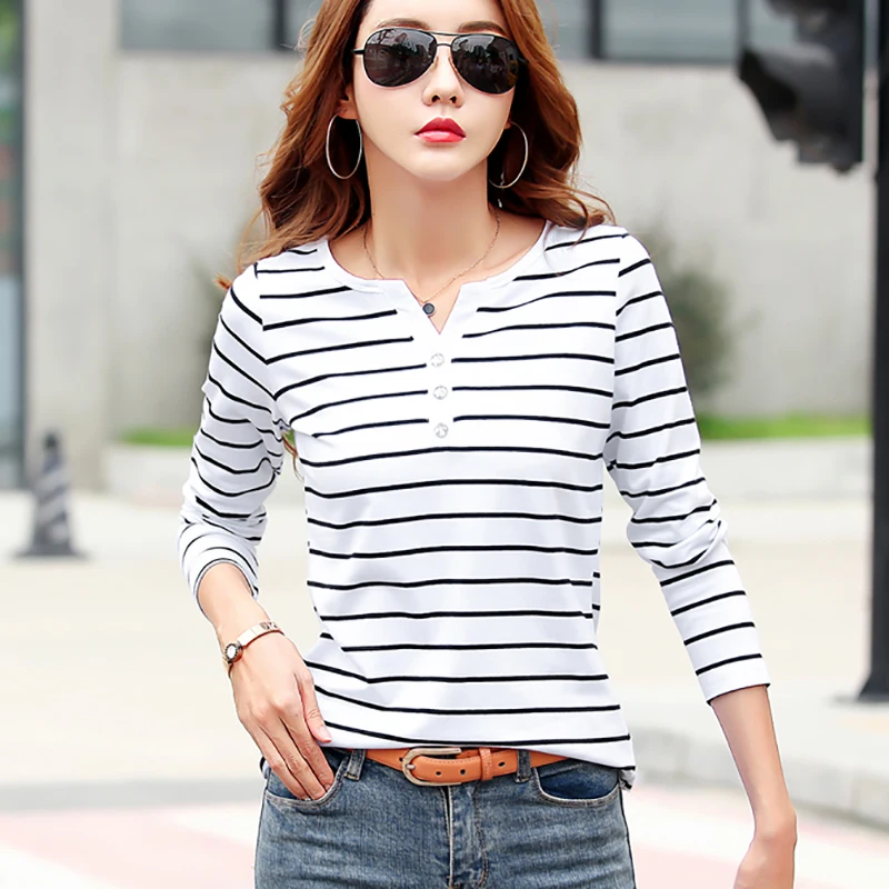 Женская хлопковая футболка в полоску с длинным рукавом и пуговицами | одежда