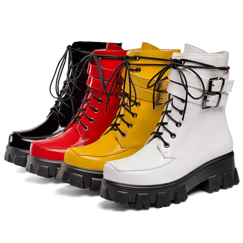 

RIBETRINI New Big Size 34-43 Girl 2020 Brand Platform Shoes Woman Fashion Patent PU Ankle Boots Casual High Heel Boots Women