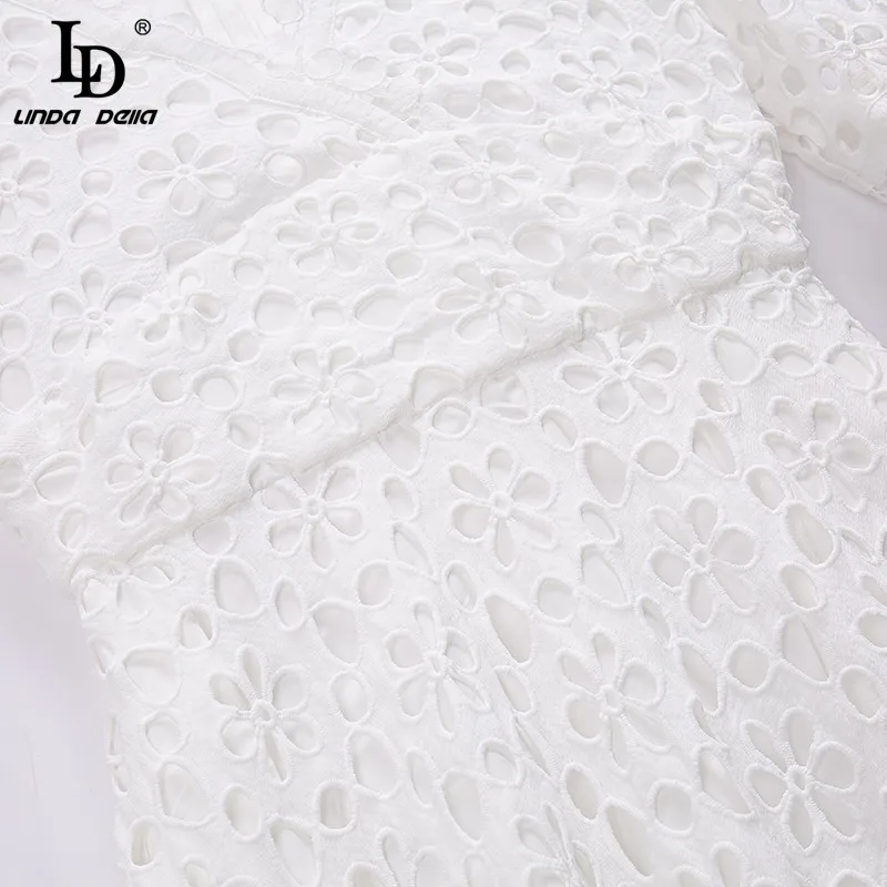 

LD LINDA DELLA Runway Designer Summer Bohemian Elegant White Hollow Out Long Dresses Women's V-neck Holiday Fashion Party Dress