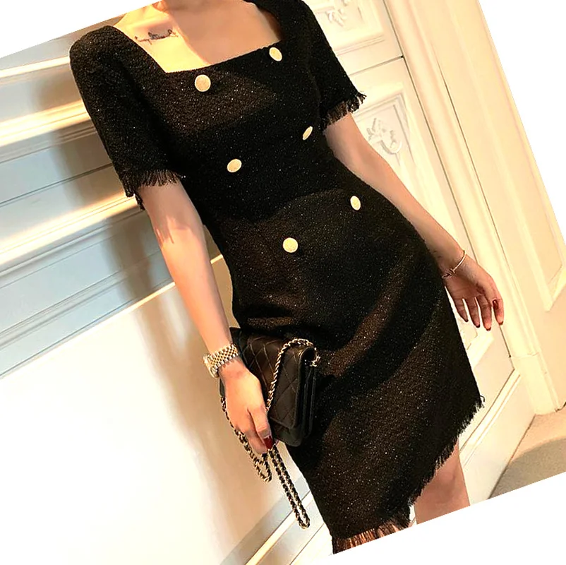 

2020 spring summern women vintage square collar black tweed mini dresses short sleeve tassel buttons pencil dress chic Y669