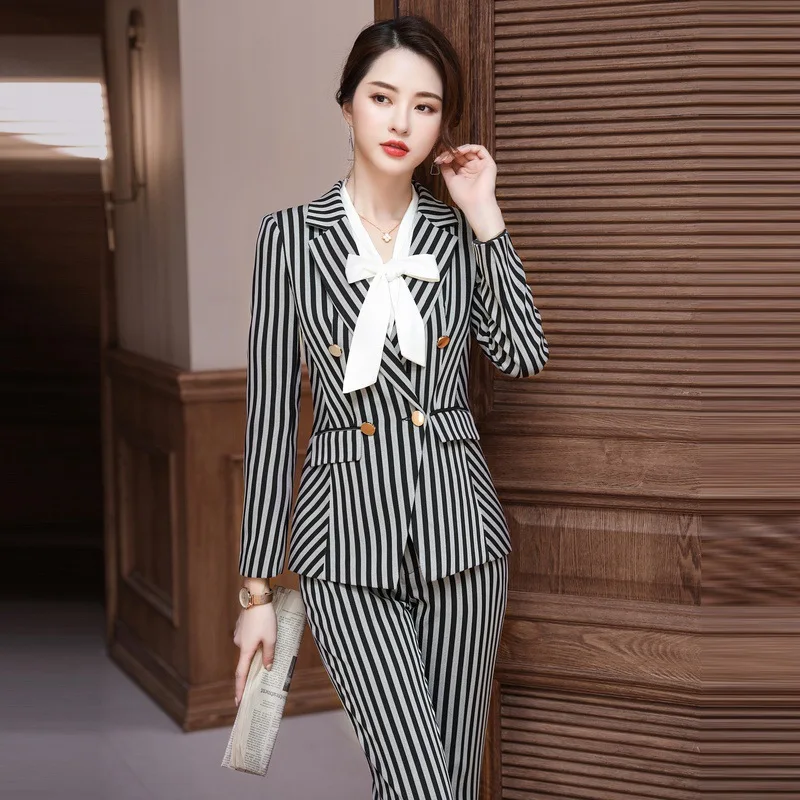 Костюм брючный женский в полоску хаки весна осень одежда для студентов колледжа