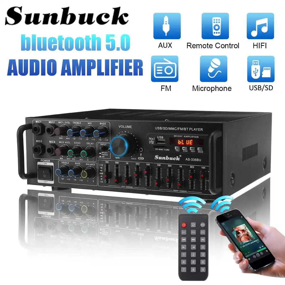 

NEW 2500W max bluetooth 2 Channel Power Amplifier HiFi Stereo Speaker Amp Support FM Radio 2Mic USB SD Card Input 336BU 12V 220V