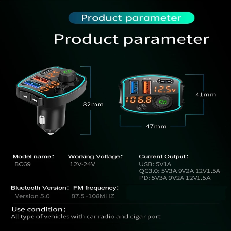 

Car Bluetooth 5.0 FM transmitter Dual LCD display Car Mp3 Player Handsfree Car Kit QC3.0 PD18W Quick charge U Disk Music Player