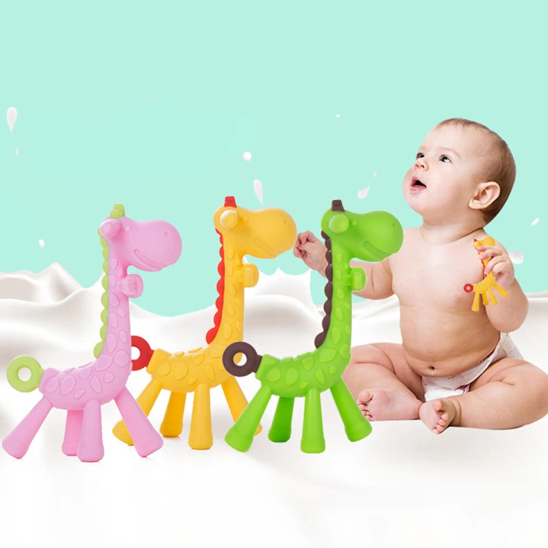 

1 шт., милые Силиконовые Прорезыватели для зубов с жирафом из мультфильма, Детские Прорезыватели, BPA бесплатно, силиконовые жевательные подв...
