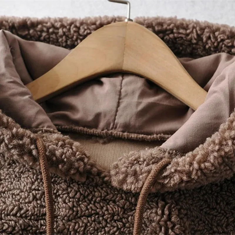 

Thick Lamb Wool Hooded Hoodie Women 2020 Winter Tops Clothing Loose Streetwear Coats Drawstring Sweatshirt Ariana Grande