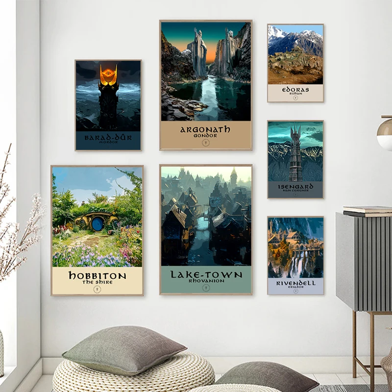 

Vintage Travel Poster Tolkien Middle Earth Rivendell Mordor Illustration Landscape Fantasy Literature Art Wall Pictures Decor