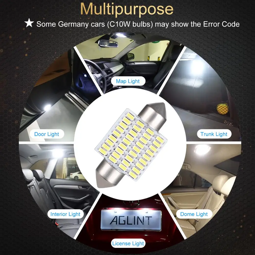 

AGLINT 2pcs LED Festoon C5W 36mm Reading Doom Door Side Light 3014 SMD 36 Leds Auto Interior Lighting White 12V Led White