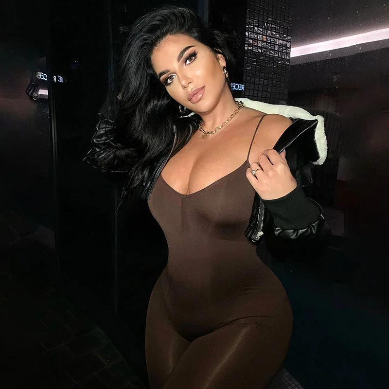 

2021 Sexy Long Ladies Jumpsuit Women Romper Activewear One Piece Outfits Backless Fitness Female Strap Brown Bodycon Jumpsuits