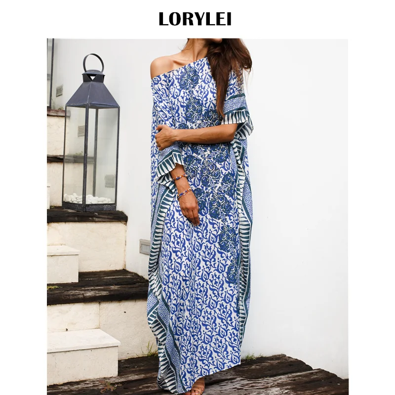 Женское длинное платье туника из хлопка голубое повседневное макси с рукавами