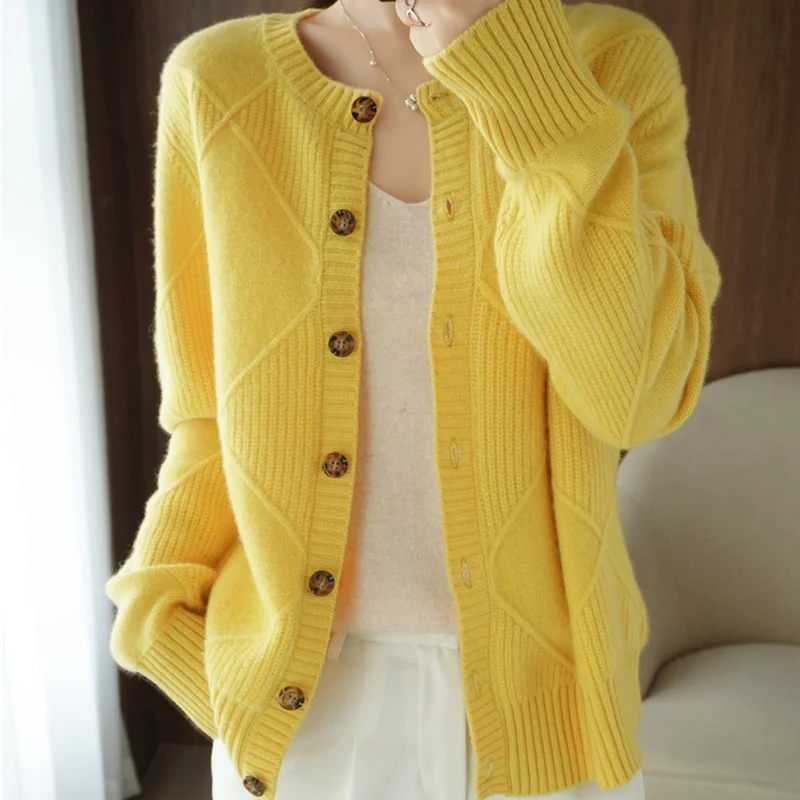 Women Sweaters Autumn Winter Thick Long Sleeve Cardigan Solid Knitted Tops Loose Outerwear Spring O-neck Cardigan 2021