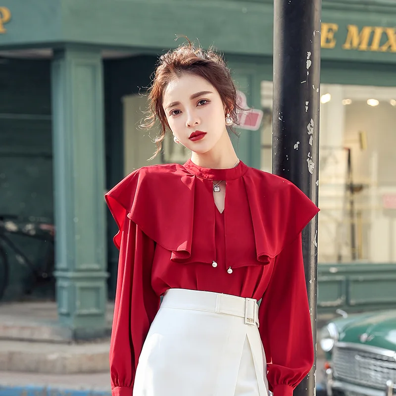 

2020 Early Spring New Style Korean-style Flounced Shawl Shirt Careful Machine Hollow Out Fashion Beads Chiffon Blouses for Women