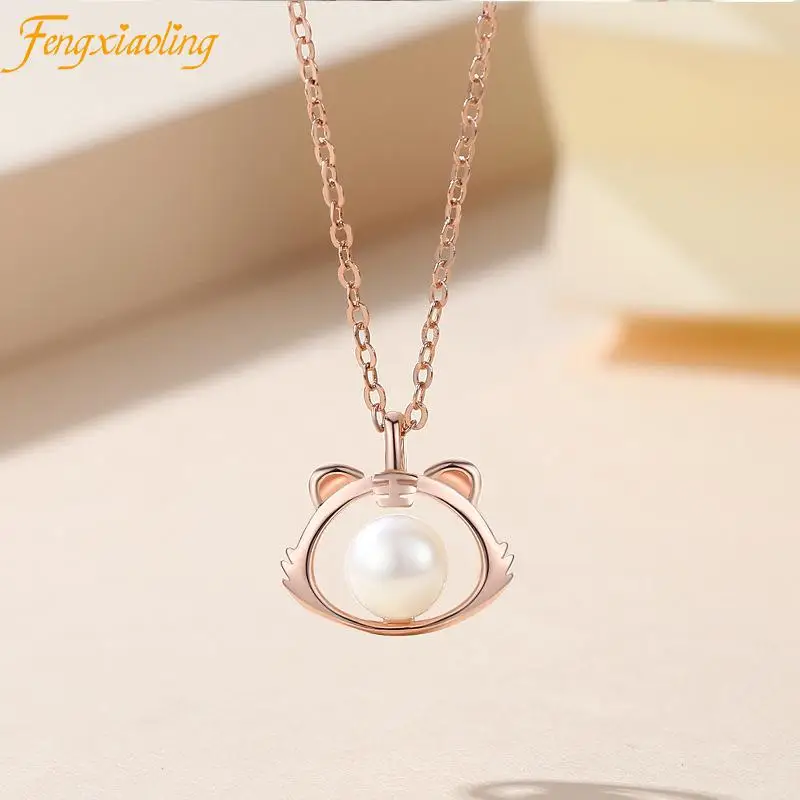 

925 Sterling Silver Cute Pearl Tiger Pendant Necklaces For Women Girl Fashion Wedding Engagement Fine Jewelry Cute Accessories