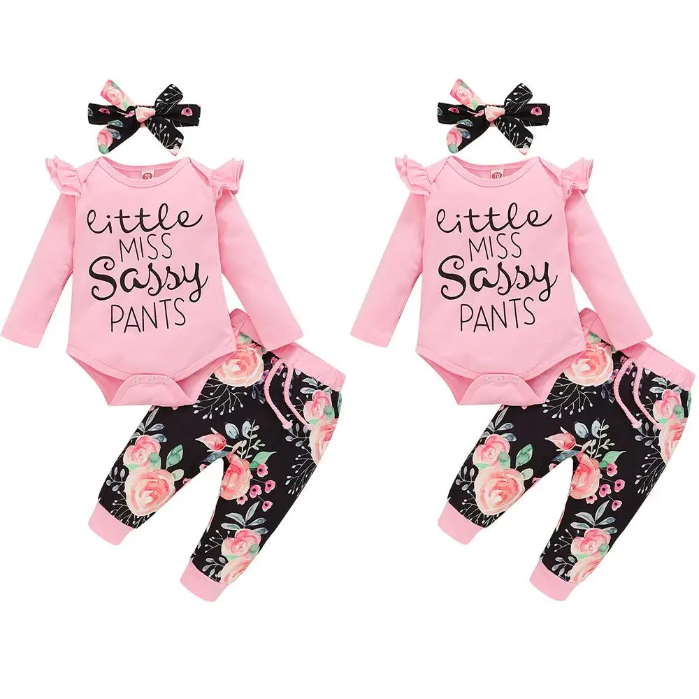 

Floral Letter Printed Outfits Sets Baby Girls Long Sleeve Romper and Pants with Hairband Suits