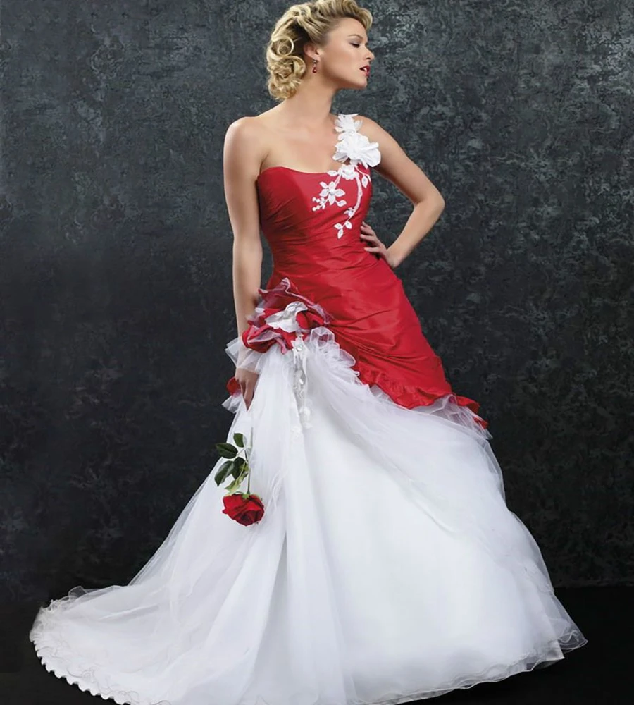 

Женское винтажное свадебное платье, красно-белое ТРАПЕЦИЕВИДНОЕ ПЛАТЬЕ на одно плечо с 3D цветочной кружевной аппликацией, платье невесты в ...