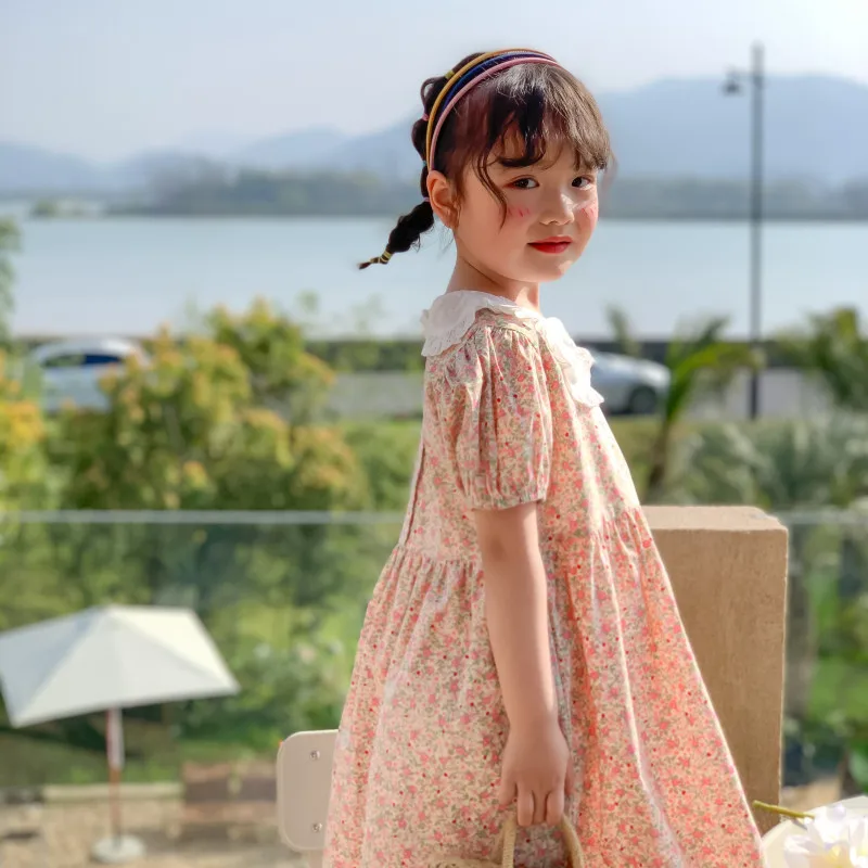 

Small floral pattern sweet puff sleeve short sleeve dress lace lapel cotton comfortable dress