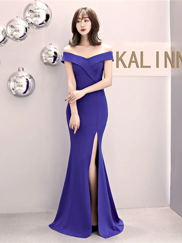 Skyyue Evening Dress Off The Shoulder Women Party Dresses Short Sleeve Robe De Soiree Sexy V-neck Split Formal Gowns C087