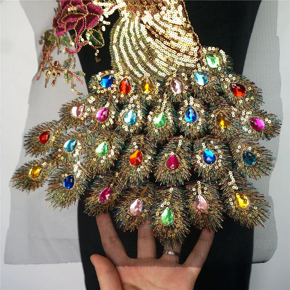 Золотые блестки павлин искусственная вышивка аппликации для платья кружевная