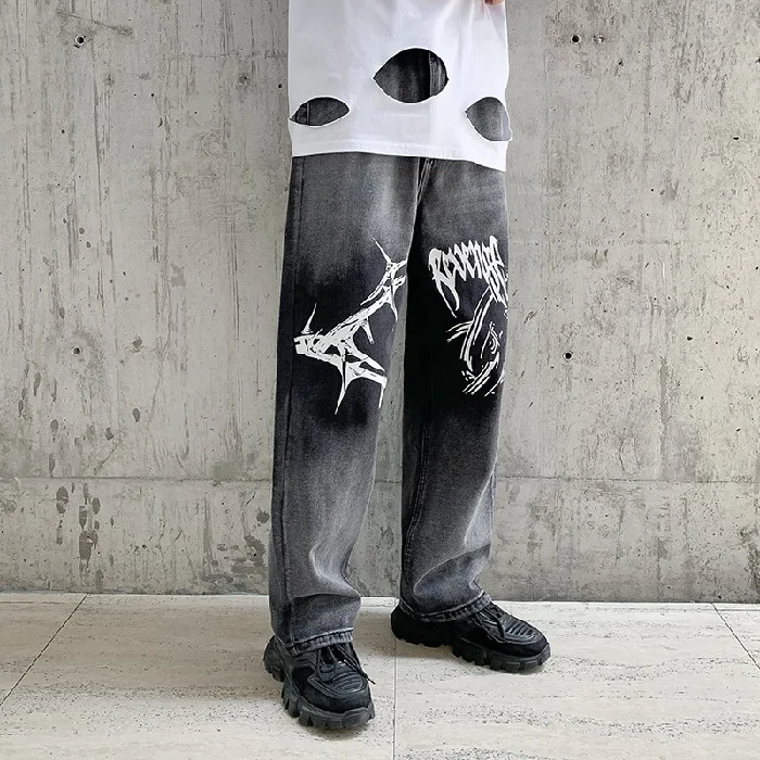 

Jeans men's printed jeans loose straight pants casual gradual graffiti trendy men's pants