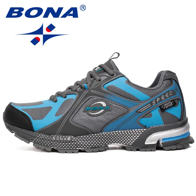 Blue dark gray BONA/Новинка года; дизайнерские Популярные кроссовки; Мужская обувь из сетчатого материала; легкая дышащая мужская повседневная теннисная обувь; Мужская Уличная обувь; zapatos hombre - Цвет: Blue dark gray