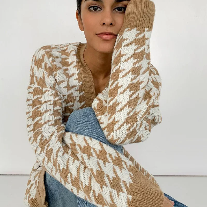 

Black Houndstooth V Neck Cardigan Women Loose Long Sleeve Knitted Sweater Fashion Casual Jumper Autumn Winter 2021 SS1004