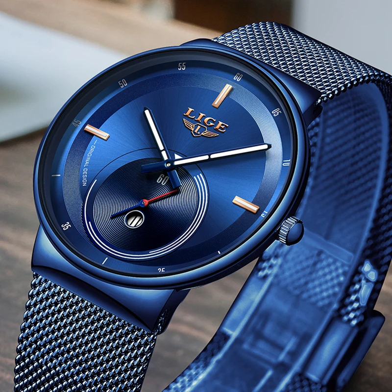 Часы наручные LIGE Мужские кварцевые брендовые Роскошные простые