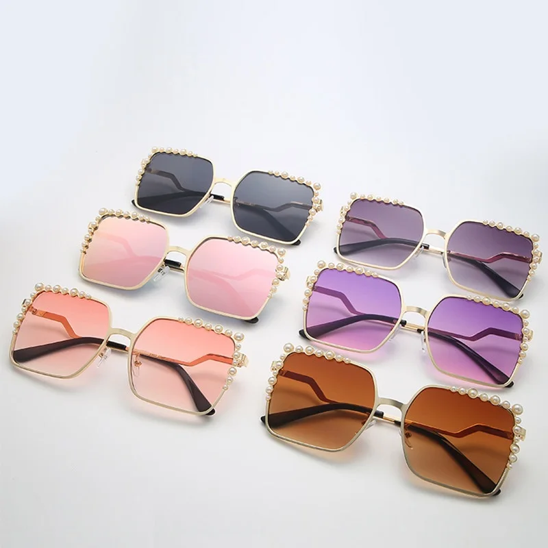 

Women Luxury Pearl Cat Eye Sunglasses Square Original Brand Design Sun Glasses Style Fashion Mirror Shades Bead Eyewear UV400