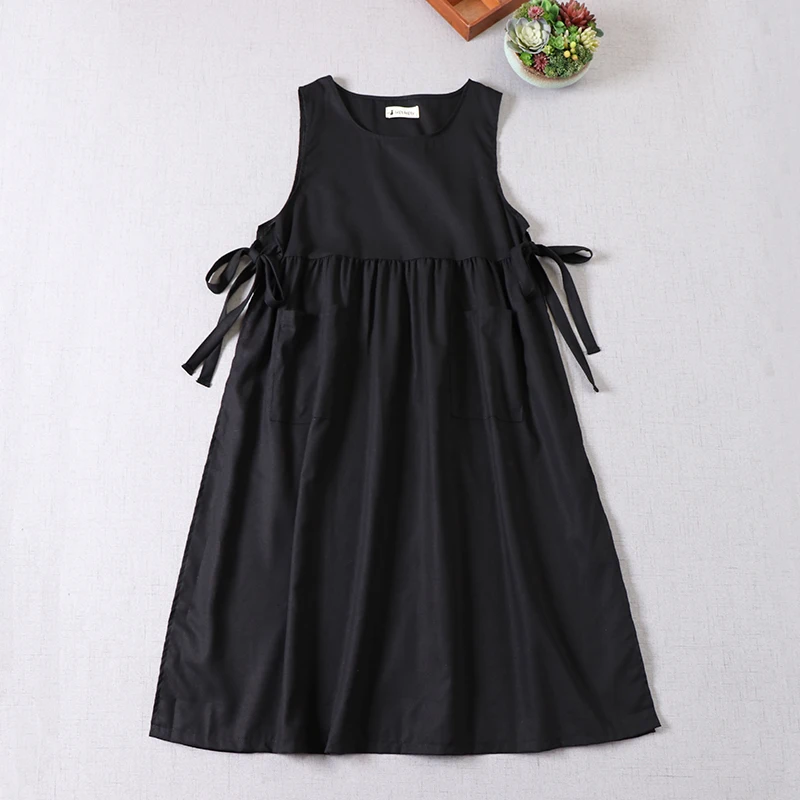 

Japan Style Mori Girl Solid Color Vest Dress New Spring Cotton linen Sleeveless O-Neck Dress Women