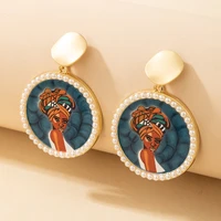huangtang vintage portrait oil painting drop earrings for women statement gold color pearl circle dangle earrings jewelry 18373