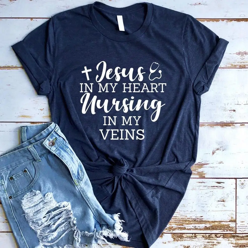 

Jesus In My Heart Nursing In My Veins t shirt Christian Bible baptism cotton casual slogan gift young hipster tees cute top-L831