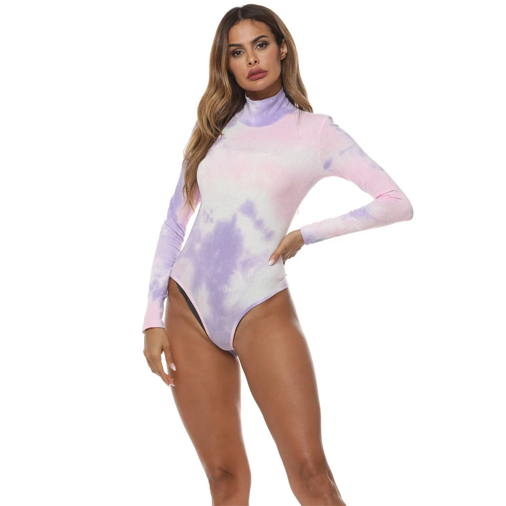 

Women High Waist Bodysuit Sexy Tie Dye Print Tops Bodysuit Female Overalls For Women Turtleneck Long Sleeve Bodysuit Body Femme