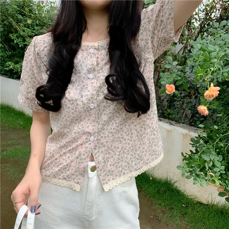 

HziriP Summer Shirts For Women 2021 Hot Floral Square Collar Laciness Chiffon Short Sleeves Loose Fresh Elegance Leisure Blouses