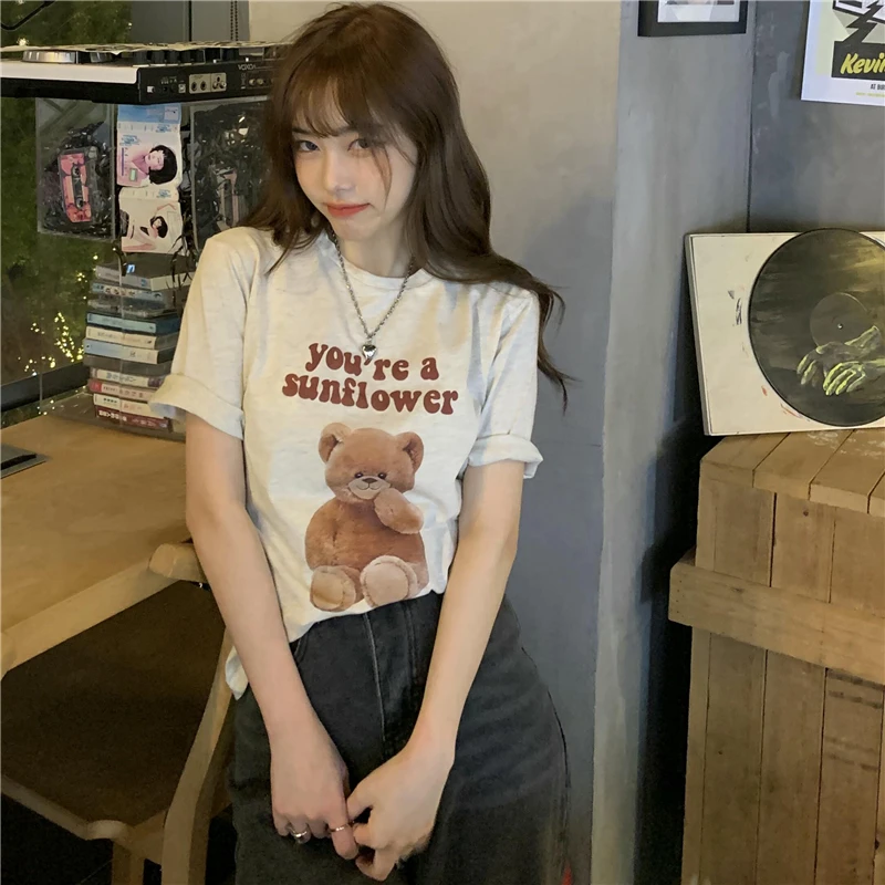 

Футболки Ins с принтом медведя, топы, японские кавайные дамы Ulzzang, Женская Корейская одежда в стиле Харадзюку для женщин