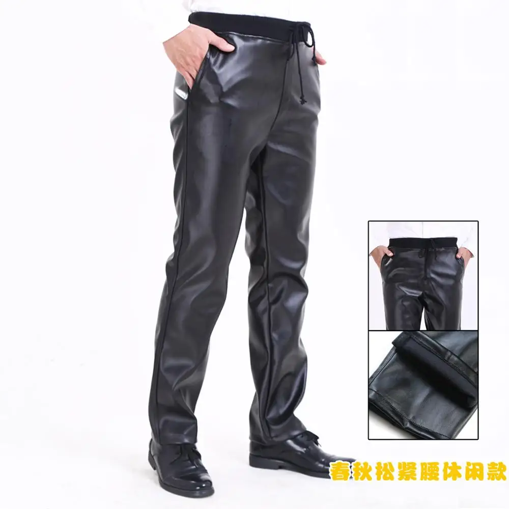 Idopy Для Мужчин's Бизнес Slim Fit эластичные удобные черные Искусственная кожа штаны