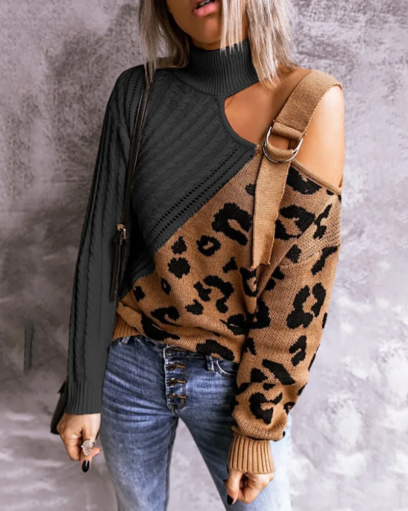 

Spring and Autumn Women Leopard Print Cutout One Shoulder Buckle Sweater