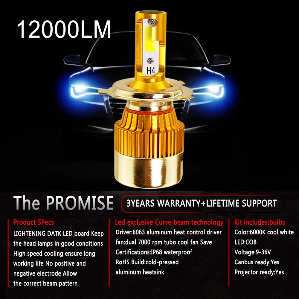 Новый S2 автомобиля турбо светодиодный головной светильник 3000K 8000K 6000K 4300K 12000LM H1 H8 H4