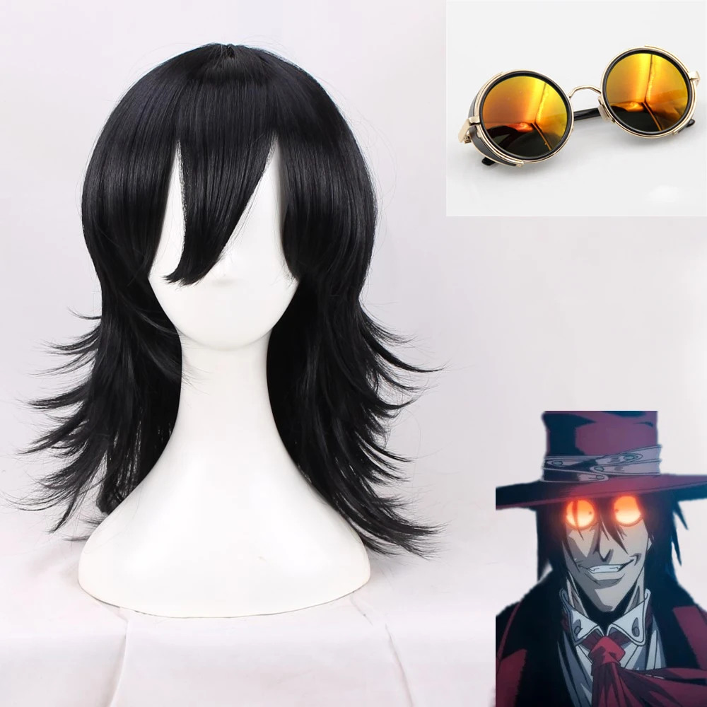 

HELLSING Alucard Black Cosplay Hair Wig Cos With Glasses Sunglasses Halloween Carnival Party Wigs + Wig Cap