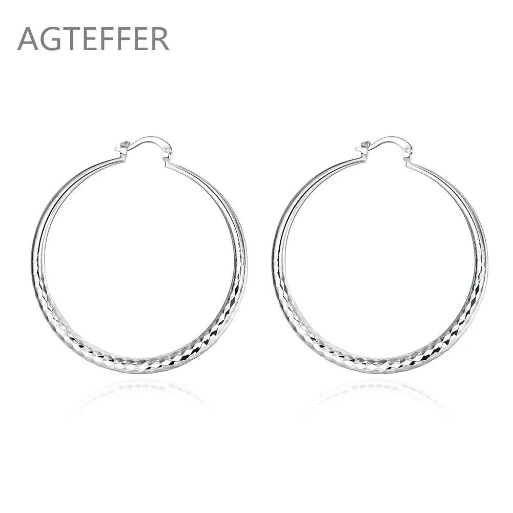 

AGTEFFER 925 Sterling Silver Big Circle 50mm Grain Hoop Earring For Woman Fashion Party Wedding Engagement Party Jewelry