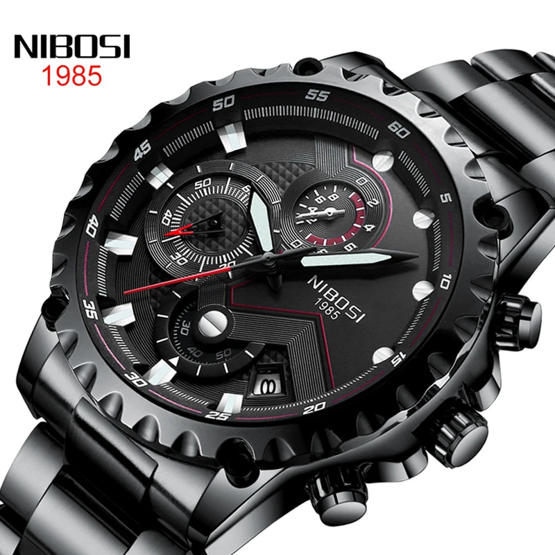 NIBOSI Fashion Mens Watches Top Brand Luxury WristWatch Quartz Clock Black Watch Waterproof Sport Chronograph Relogio Masculino
