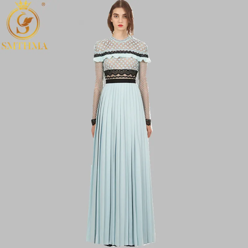 Весна Высокое качество плиссированные Разделение длинное платье Дизайнер