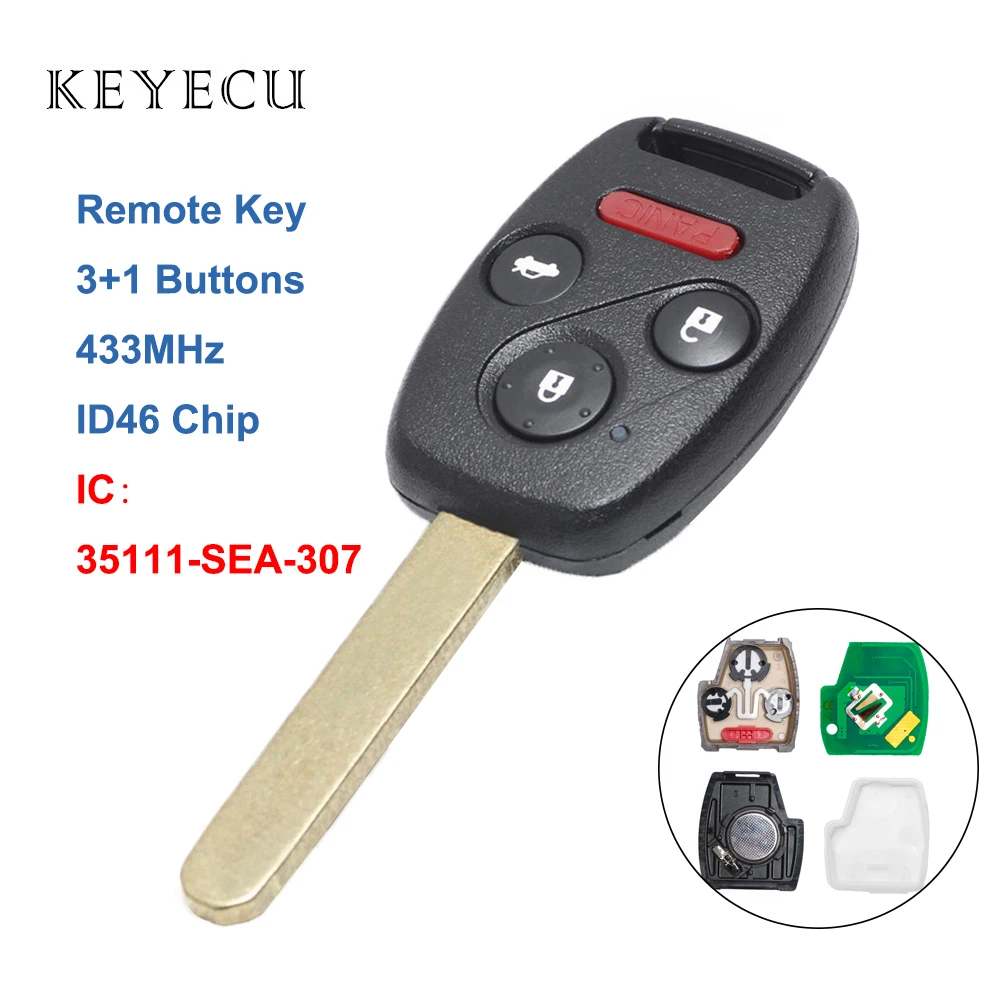 Keyecu новый удаленный Автомобильный ключ 3 + 1 кнопки 433 МГц ID46 чип для Honda Accord 2003 2004 2005
