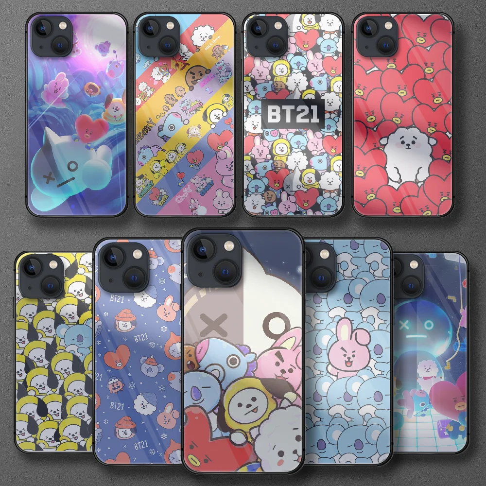 

Cartoon Funny B-BT21 Tempered Glass Phone Case For IPhone 5 6 7 8 11 12 13 S SE X Xs Xr Plus Pro Max Mini Cover Cell Cell 3D