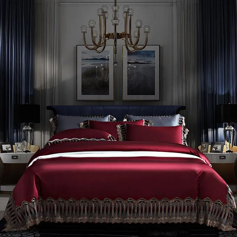 

Premium Chic 1000TC Egyptian Cotton Luxury Lace Bedding set Soft Comforter Cover Flat Bed sheet Pillowcases Red Gray White Blue