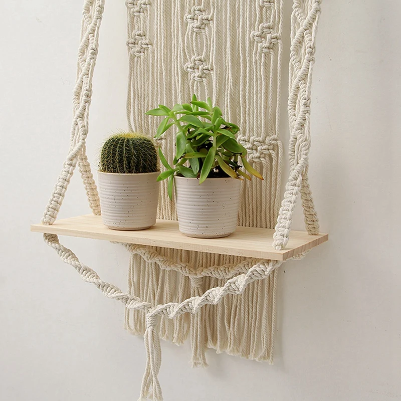 Boho Plant Holder Macrame Shelf Tapestry Wall Hanging Rack Bohemian Decor Hand-Woven Shelves Wooden Planter Basket | Дом и сад