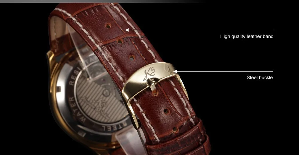 IMPERIAL KS Retro Skeleton 6 Hands Golden Case Luxury Brand Day Month Display Brown Leather Strap Men's Mechanical Watch / KS146