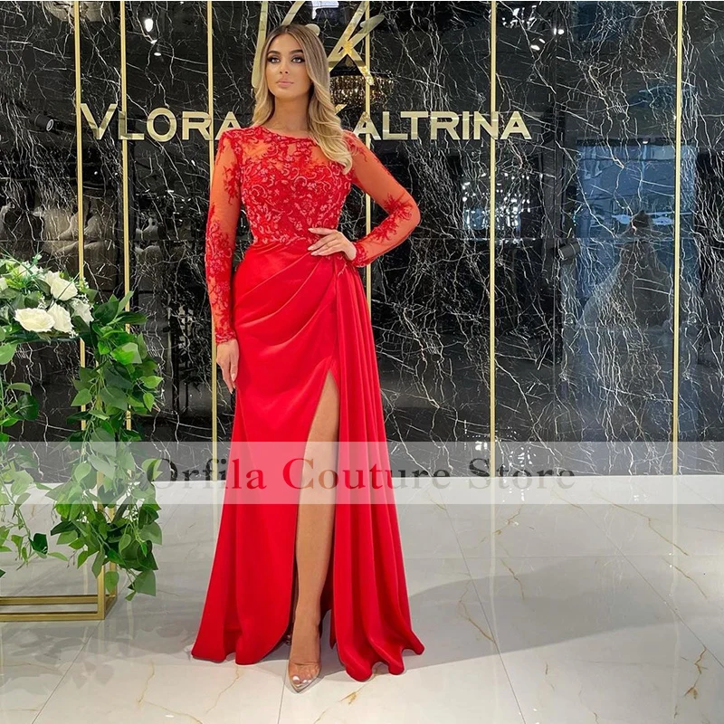 

Winter Red Prom Dress Mermaid Split Long Sleeves Illusion Wedding Informal Reception Party Gowns 2022 платье вечернее