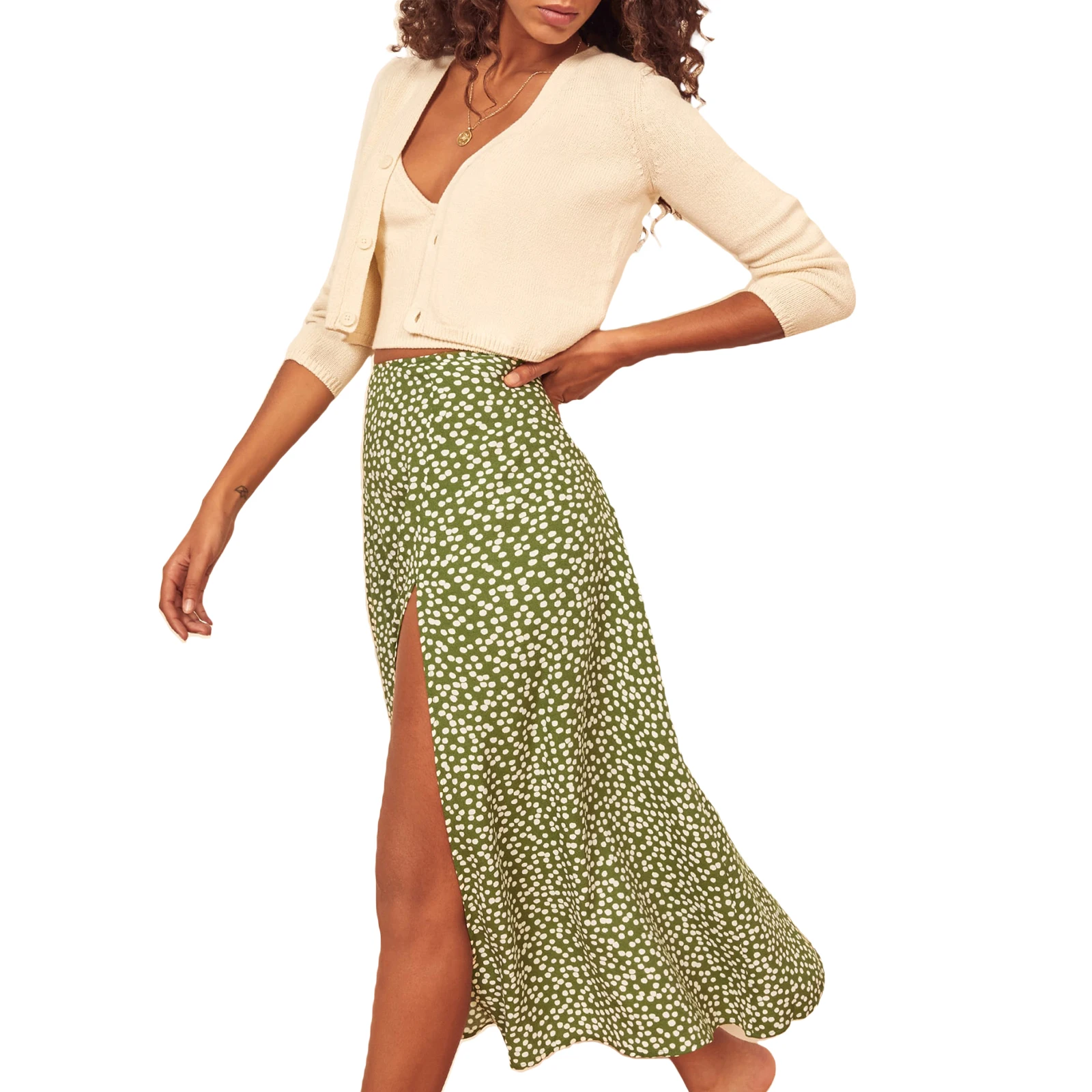 

Women Summer Skirt Full Flower/Dot Print Elastic Waist Loose-Fitting Slit Semi-Dress for Girls Ladies