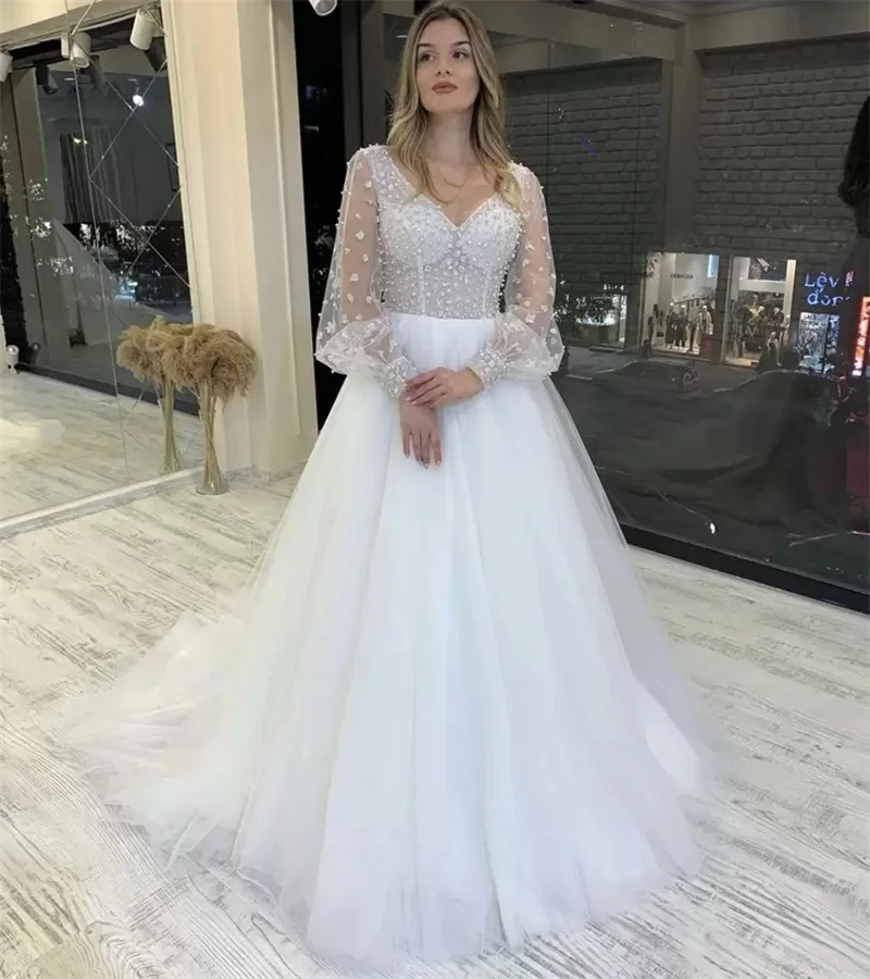 

Pearls V Neck Long Sleeves A Line Wedding Dress Bridal Gowns Appliqued Sweep Train Lace-up Tulle Plus Size Beach Robe De Mariée