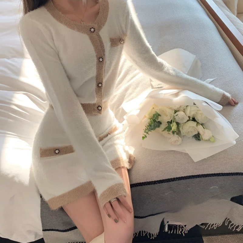 

2 Piece Dress Set Women Bodycon Sweater Dress Casual Korea Fashion Suits Office Lady Y2k Knitted Dress Evening Party 2021 Winter