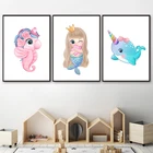 Nordic изображением русалки, купальный костюм для девочек из плотной ткани плакат для детской стены искусства с милым принтом моря Животные живопись c изображением Кита для стены, Декор для дома, Декор для дома