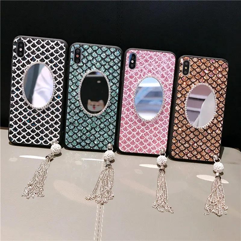 

luxury glitter diamond jewelry phone case For iphone 11 pro x xs max xr 7 8 6 6s plus mirror tassel phone shell back cover coque